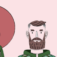 Illustration Of A Man In A Beard And Mustache Wearing A Green Jacket Standing Against A Pink Background — Stock Vector