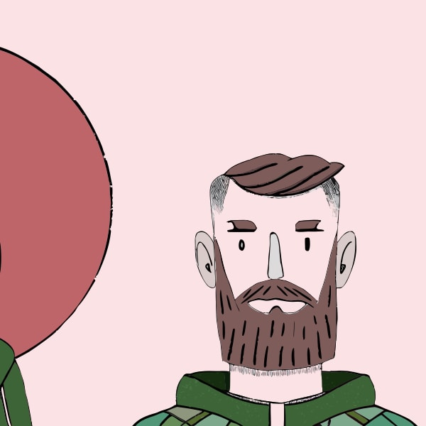 Illustration Of A Man In A Beard And Mustache Wearing A Green Jacket Standing Against A Pink Background — Stock Vector