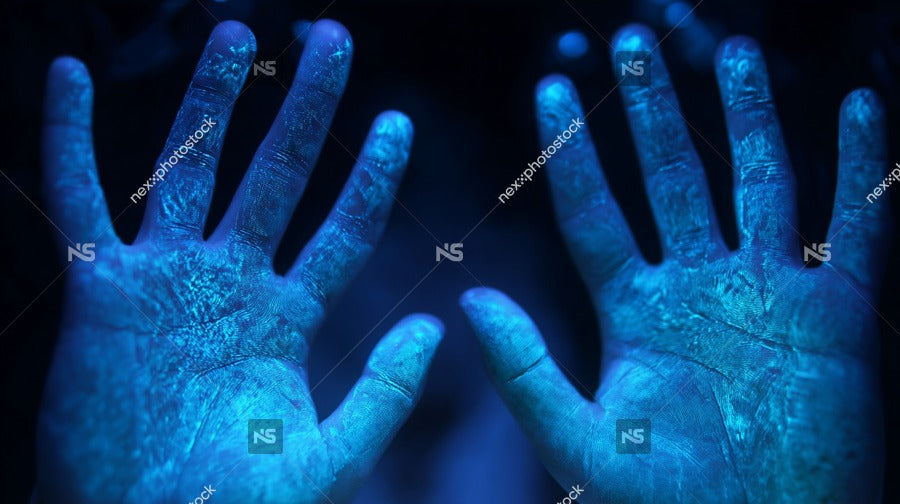 Human Hands With Blue Handprints From A Paint Dye Application Against A Dark Background — Stock Photo
