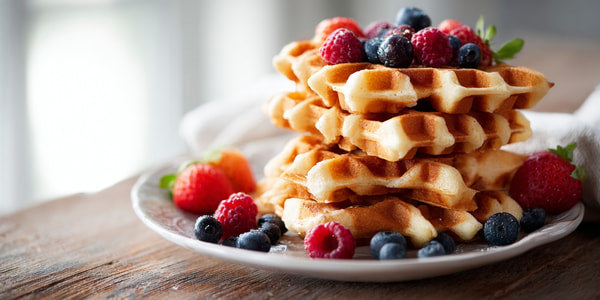 A Stack Of Golden Brown Waffles Topped With Fresh Berries On A White Plate — Stock Photo