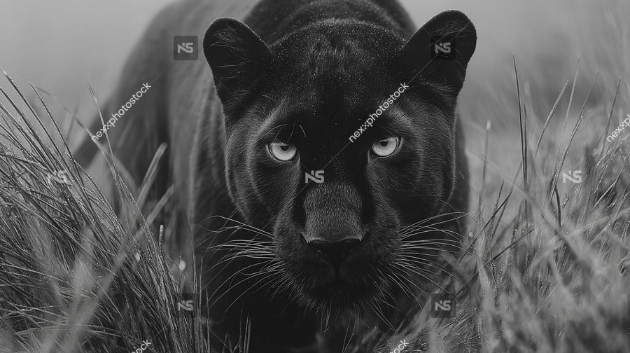 Black Panther In Focus Staring Intently Into Camera With A Blurred Background Of Tall Grass And A Clear Sky — Stock Photo