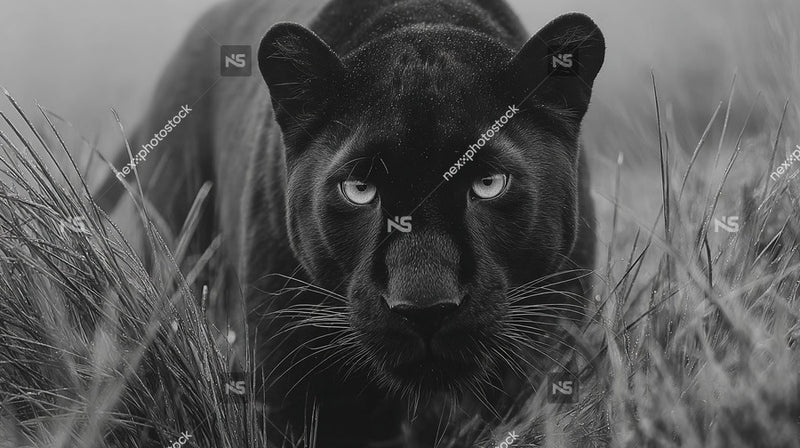 Black Panther In Focus Staring Intently Into Camera With A Blurred Background Of Tall Grass And A Clear Sky — Stock Photo