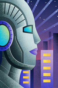 Robot Portrait With Cityscape Background — Stock Illustration