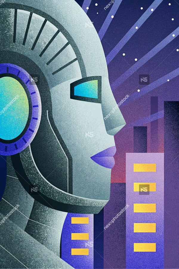 Robot Portrait With Cityscape Background — Stock Illustration