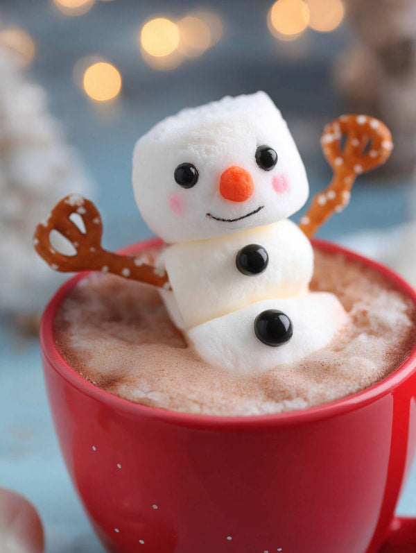 A Marshmallow Snowman Sits Atop A Cup Of Hot Chocolate With Candy Eyes And A Carrot Nose — Stock Photo