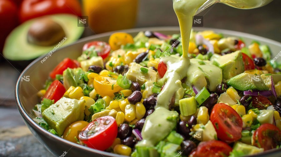 A Vibrant And Appetizing Mexican Salad Served In A Bowl Topped With Dressing And Garnished With Fresh Vegetables — Stock Photo