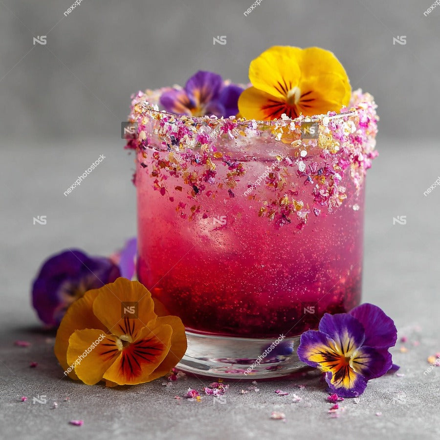 A Refreshing Raspberry Margarita Garnished With Edible Flowers Served In A Clear Glass On A Gray Surface — Stock Photo