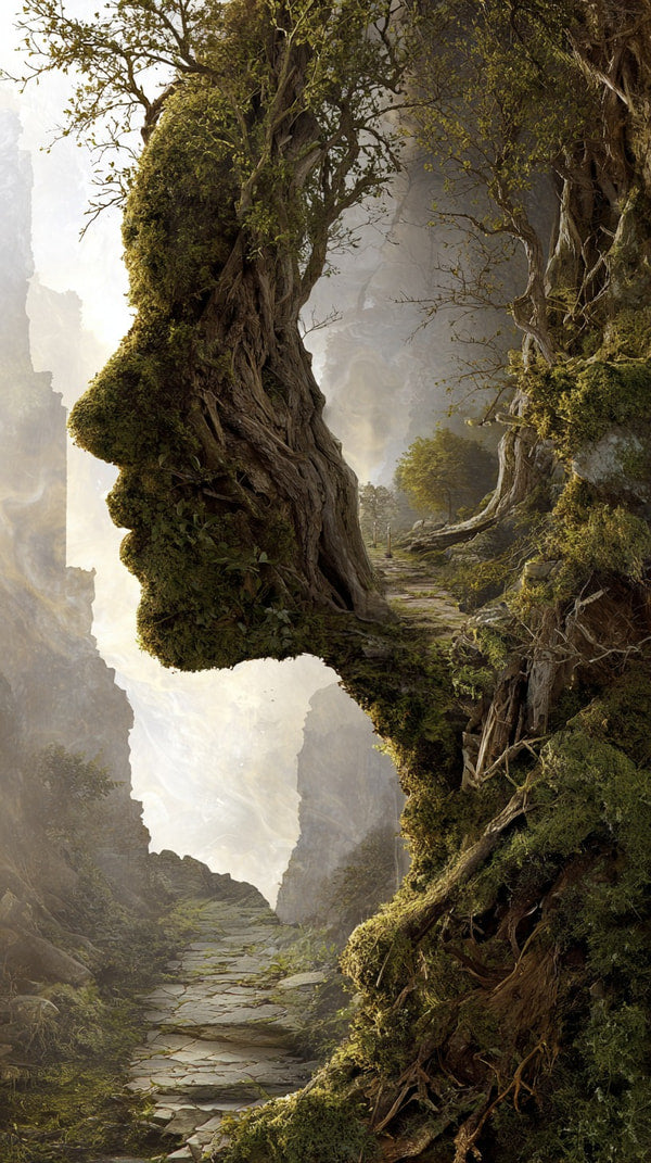Surreal Landscape With A Human Face Carved Into A Tree Set Against A Backdrop Of Cliffs And Foliage — Stock Photo