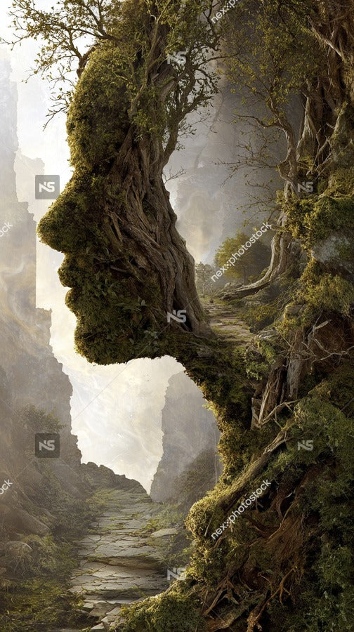 Surreal Landscape With A Human Face Carved Into A Tree Set Against A Backdrop Of Cliffs And Foliage — Stock Photo