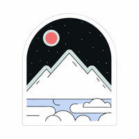 Stylized Illustration Of A Mountain Landscape At Night With A Full Moon And Stars Set Against A Dark Sky On A Sticker — Stock Vector