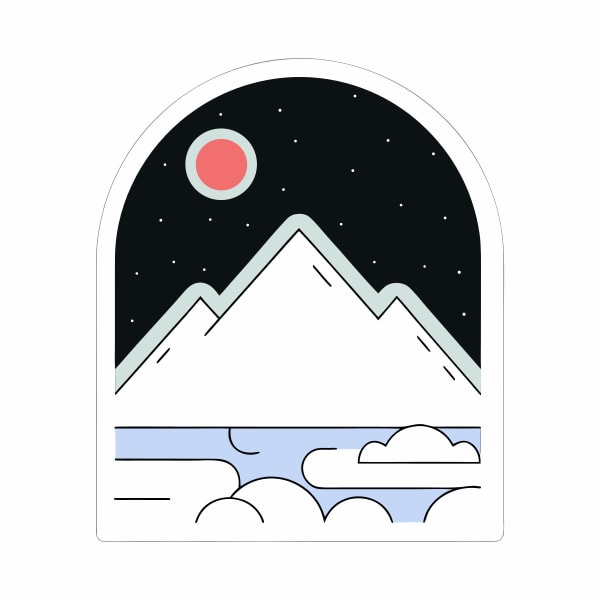 Stylized Illustration Of A Mountain Landscape At Night With A Full Moon And Stars Set Against A Dark Sky On A Sticker — Stock Vector