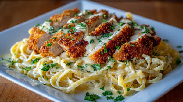 A Plate Of Chicken Parmesan With Alfredo Sauce Garnished With Herbs And Served With Pasta — Stock Photo