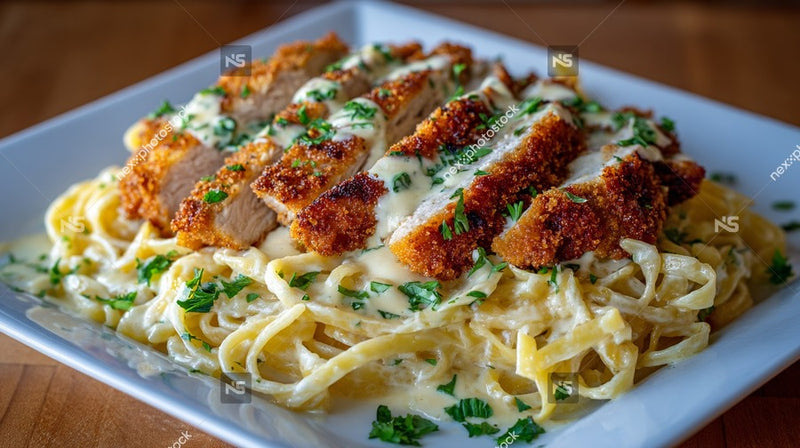 A Plate Of Chicken Parmesan With Alfredo Sauce Garnished With Herbs And Served With Pasta — Stock Photo