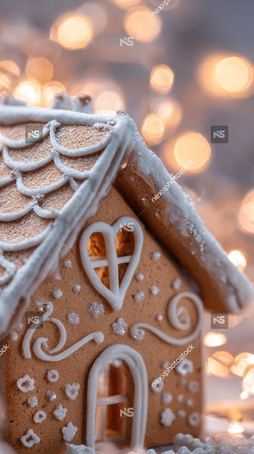 Gingerbread House With Heart Shaped Window Decorated With Snow And Lights Set Against A Festive Background — Stock Photo