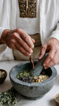 A Person Is Preparing Ingredients In A Mortar And Pestle With Various Herbs Visible Within The Bowl — Stock Photo