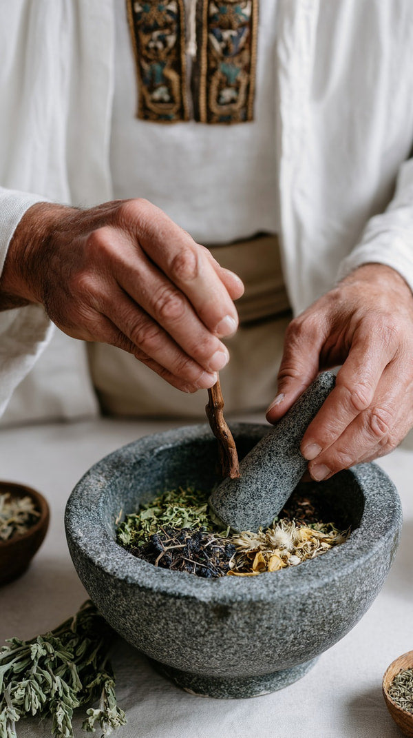 A Person Is Preparing Ingredients In A Mortar And Pestle With Various Herbs Visible Within The Bowl — Stock Photo