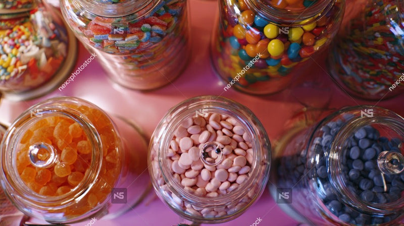 Colorful Assortment Of Candy Jars Displayed In Shop Window Showcasing Various Types Of Candies And Sweets — Stock Photo