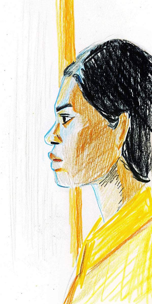 A Pencil Sketch Of A Woman In A Yellow Top Looking Out Of A Window — Stock Illustration