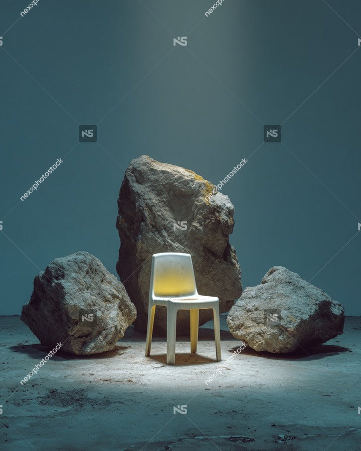 A Chair Is Positioned In Front Of A Pile Of Large Jagged Rocks With A Yellow Substance On Them — Stock Photo