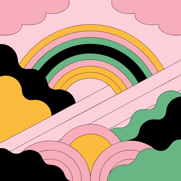 Colorful Rainbow Sunset With A Vibrant Sky And Clouds Set Against A Pink Background — Stock Vector