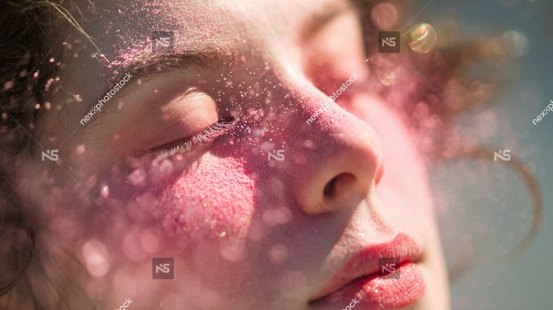 Woman With Eyes Closed Showered In Pink Flower Confetti — Stock Photo
