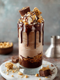 A Chocolate Malted Milkshake Topped With Whipped Cream And A Crunchy Topping Served In A Glass — Stock Photo