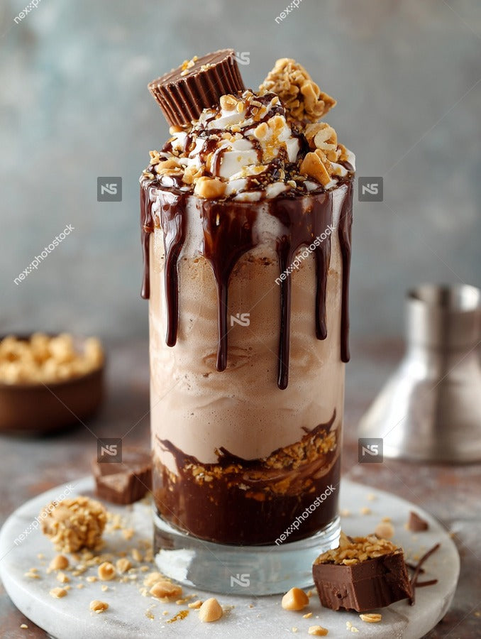 A Chocolate Malted Milkshake Topped With Whipped Cream And A Crunchy Topping Served In A Glass — Stock Photo