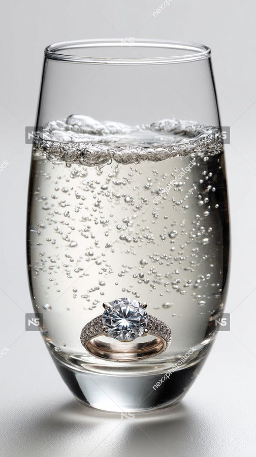 Sparkling Champagne In A Tall Glass With Ice And A Diamond Ring Floating On Top — Stock Photo