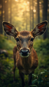 A Deer Stands Amidst A Forest With Sunlight Filtering Through The Trees And Casting A Warm Glow On Its Face — Stock Photo