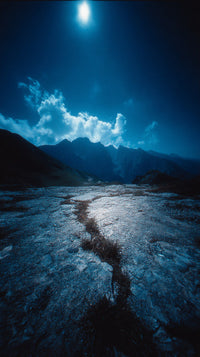 Moonlit Mountain Path Nighttime Dark Sky Rocky Terrain Cracks In The Ground Light From The Moon Illuminating The Path — Stock Photo