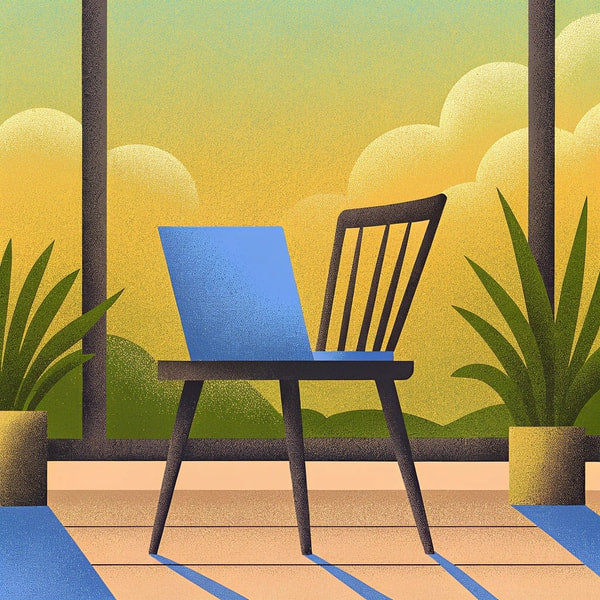A Solitary Chair Sits On A Patio Overlooking A Serene Landscape Under A Clear Blue Sky — Stock Illustration