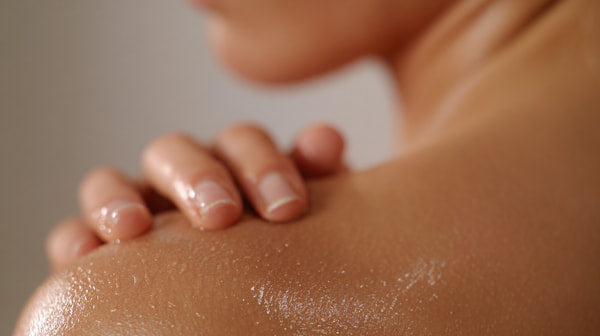 A Close Up Of A Person S Shoulder With Massage Oil Applied Captured From A Top Down Angle — Stock Photo