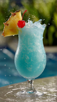 A Blue Cocktail With A Slice Of Pineapple And Cherry Garnish Served In A Tall Glass On A Poolside Table — Stock Photo