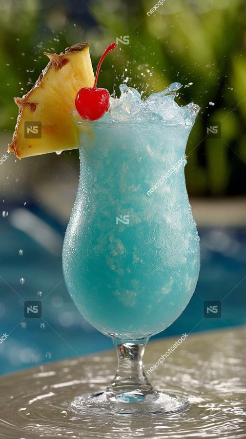 A Blue Cocktail With A Slice Of Pineapple And Cherry Garnish Served In A Tall Glass On A Poolside Table — Stock Photo