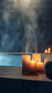 Shows A Collection Of Unlit Candles Arranged On A Surface With Steam Rising From Them Creating An Atmospheric Effect — Stock Photo