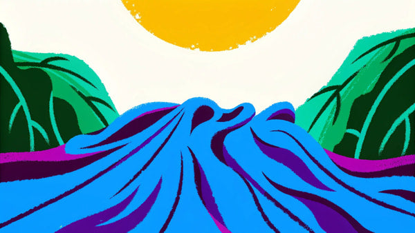 A Tranquil Sunset Scene With A Wavy River Flowing Through A Picturesque Landscape Lush Green Trees And A Clear Blue Sky — Stock Illustration