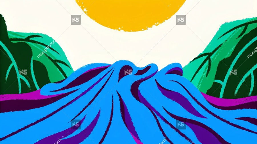 A Tranquil Sunset Scene With A Wavy River Flowing Through A Picturesque Landscape Lush Green Trees And A Clear Blue Sky — Stock Illustration