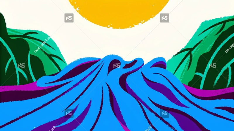 A Tranquil Sunset Scene With A Wavy River Flowing Through A Picturesque Landscape Lush Green Trees And A Clear Blue Sky — Stock Illustration