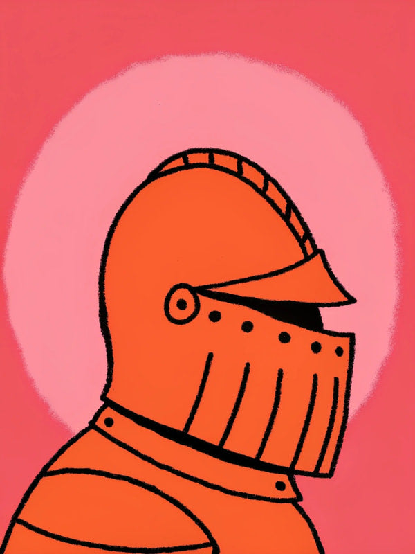 A Colorful Illustration Of A Knight In Red Armor Standing Against A Pink Background With A Circular Light Source Behind Him — Stock Illustration
