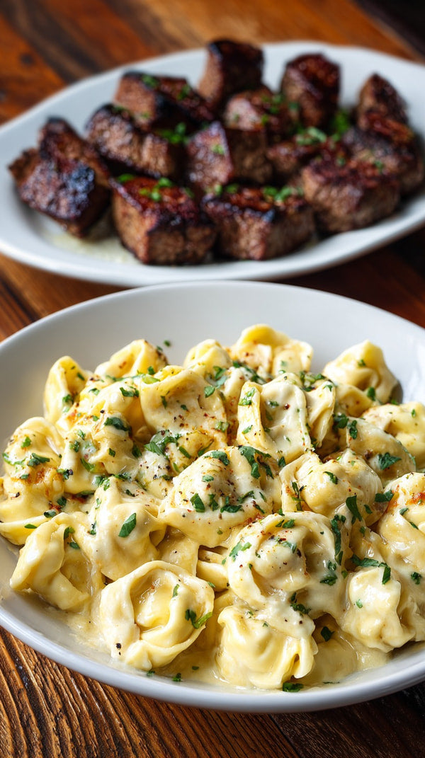 Showcases A Meal Consisting Of Two Main Dishes Pasta And Meat Served On Separate Plates — Stock Photo