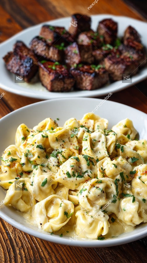 Showcases A Meal Consisting Of Two Main Dishes Pasta And Meat Served On Separate Plates — Stock Photo