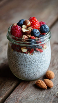 Glass Jar Filled With Chia Pudding Topped With Berries And Nuts On Wooden Table — Stock Photo