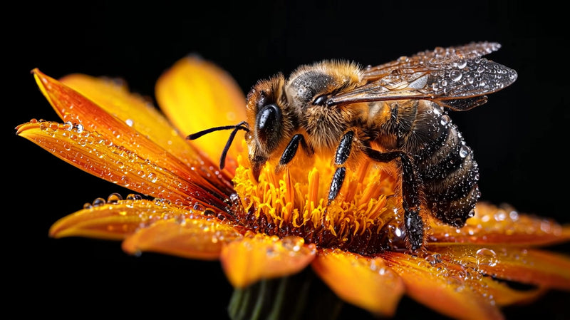 a bee perched on a vibrant orange flower with droplets of water captured in a close up shot from above - Stock Video
