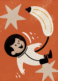 A Cartoon Depiction Of An Astronaut In A Red Space Suit Holding A Banana And Falling From The Sky — Stock Illustration