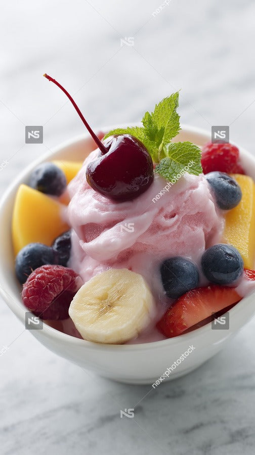 A Bowl Of Fruit Salad With Yogurt Topped With A Cherry And Mint Leaf — Stock Photo