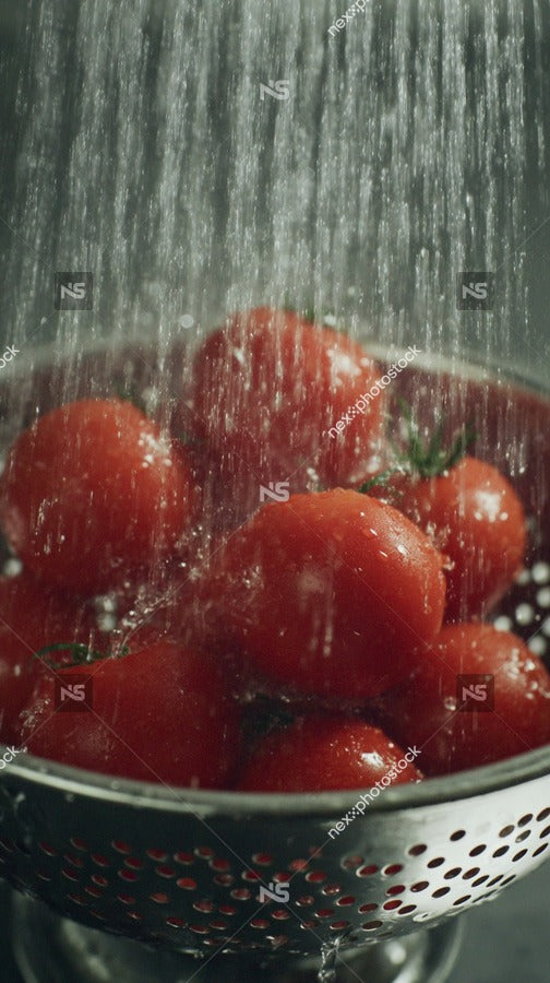 Raindrops Falling Onto Tomatoes In A Colander — Stock Photo