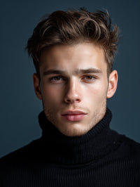 A Young Man With Short Hair Wearing A Black Turtleneck Against A Dark Background — Stock Photo