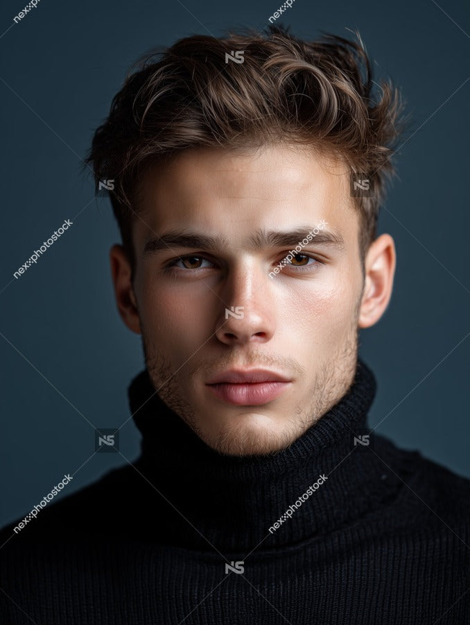 A Young Man With Short Hair Wearing A Black Turtleneck Against A Dark Background — Stock Photo