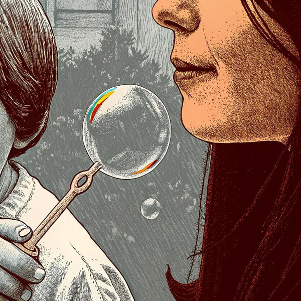 Woman Blowing Bubble With Rainbow Colors Close Up Of Woman S Face And Hand Holding Bubble Wand Background Of Green Grass And Trees — Stock Illustration