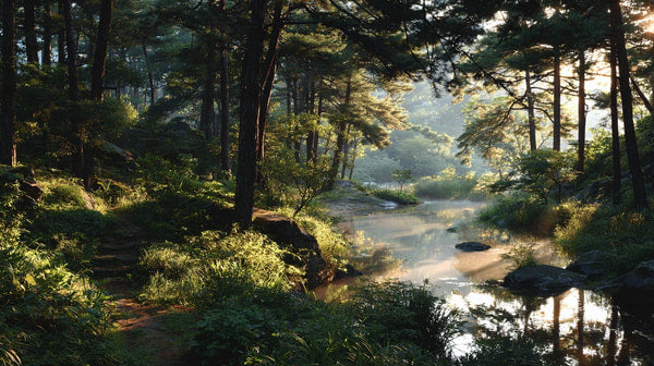 A Tranquil Forest Scene At Sunrise With A Serene River Meandering Through The Landscape And Lush Green Trees Lining Its Banks — Stock Photo